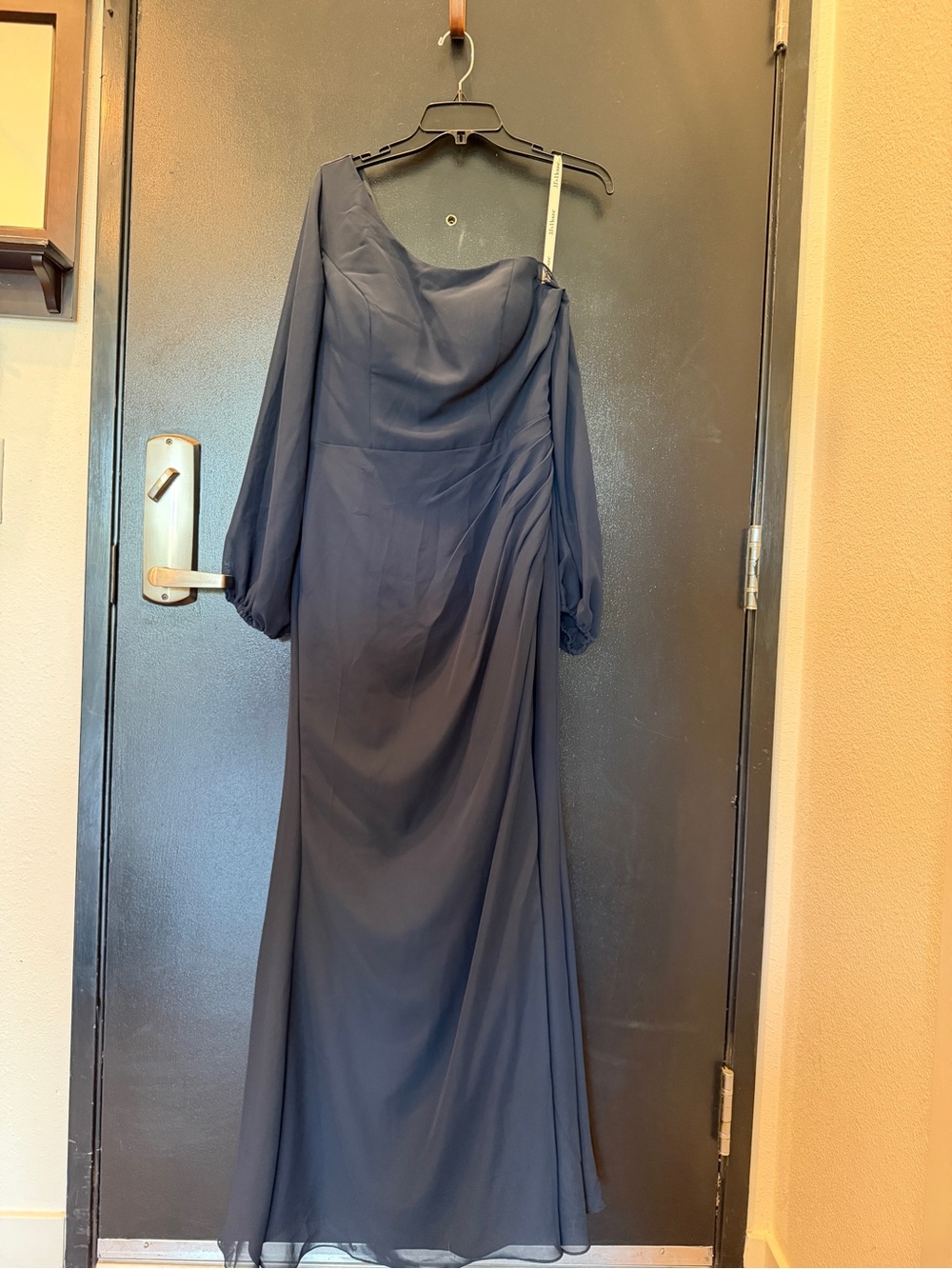 JJs House Navy One-Shoulder Long Evening Gown